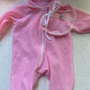 Vintage Pink Footie Baby Sleeper With Bib